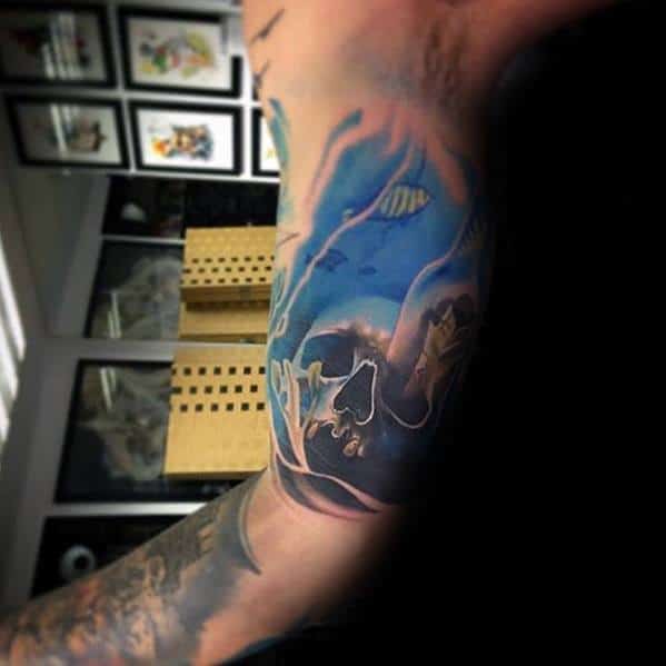 Inner Arm Bicep Underwater Unique Skull Mens Watercolor Tattoos