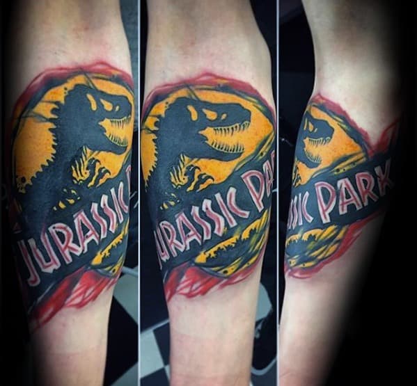 Inner Forearm Logo Male Jurassic Park Tattoo Design Inspiration