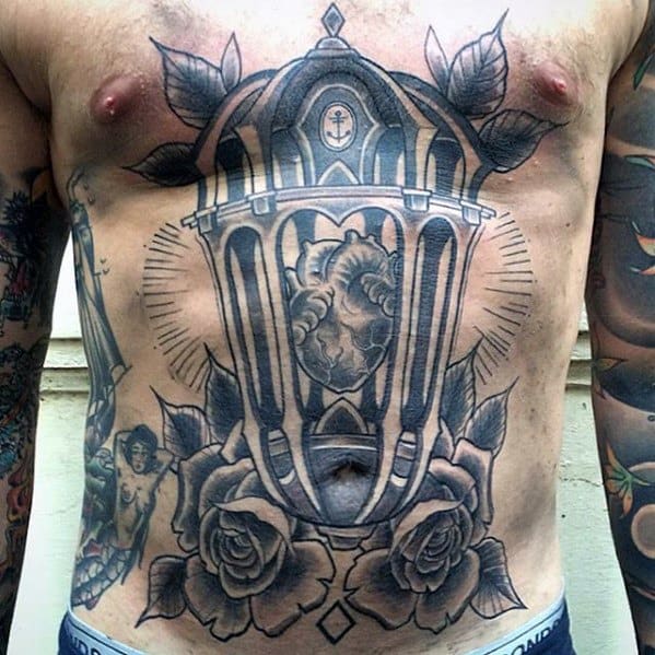 Lantern With Heart And Rose Flowers Unique Chest Tattoos For Men