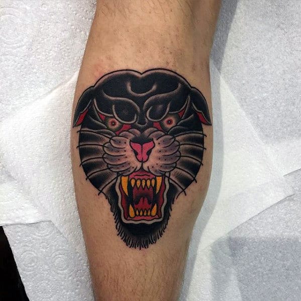 Leg Calf Traditional Panther Head Tattoos For Gentlemen