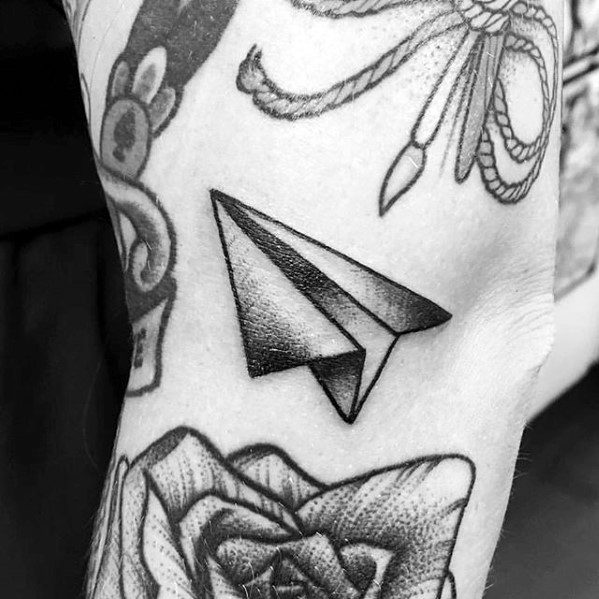 Leg Paper Airplane Black And Grey Ink Filler Tattoos Male