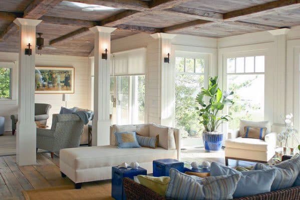 Living Room Home Interior Rustic Wood Coffered Ceiling