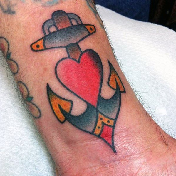 Lower Leg Anchor With Heart Filler Tattoos For Gentlemen