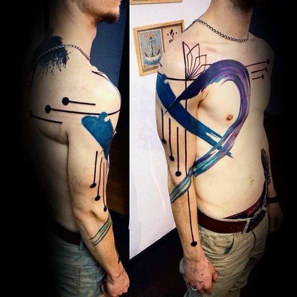 Male Artistic Artsy Arm And Chest Tattoo