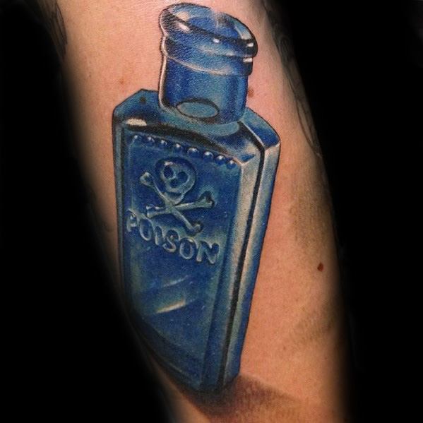 Male Cool Arm Blue Ink Poison Bottle Tattoo Ideas