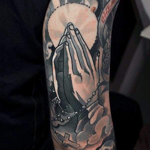Collection 93+ Images tattoo of praying hands with rosary beads Sharp