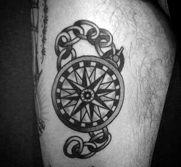 Male Simple Compass Traditional Themed Thigh Tattoos