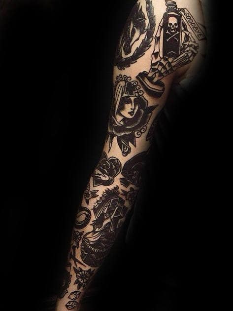 Male With Full Arm Tattoo Of Black Ink Traditional Tattoo Symbols