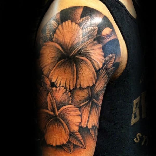 Male With Hibiscus Half Sleeve Shaded Tattoo