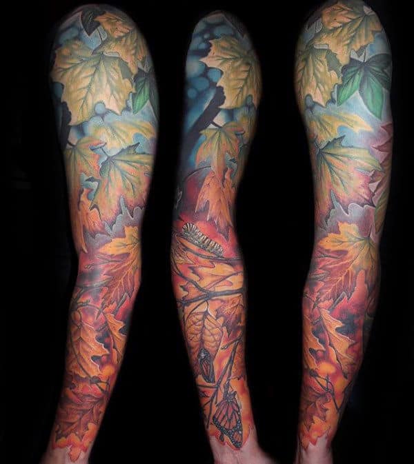 Man With Full Sleeve Colorful Fall Leaves Tattoo Design