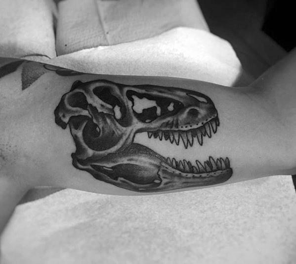 Manly Jurassic Park Tattoo Dinosaur Skull Design Inner Arm Bicep Ideas For Men