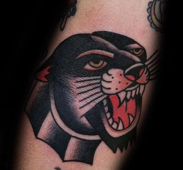 Manly Small Traditional Panther Head Male Tattoo On Arm