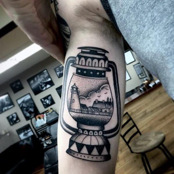 Manly Traditional Lantern Lighthouse Arm Tattoos For Guys