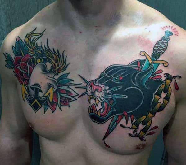 Masculine Guys Upper Chest Traditional Panther Dagger And Chain Tattoo