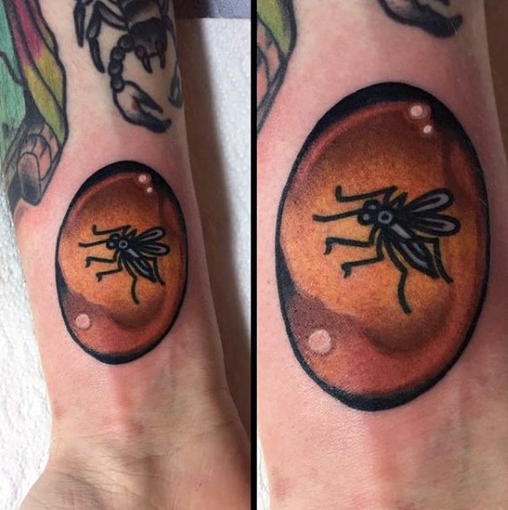Masculine Jurassic Park Mosquito Inside Amber Rock Inner Forearm Tattoos For Men