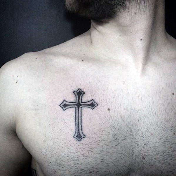 Masculine Simple Cross Upper Chest Tattoo Ideas For Uys
