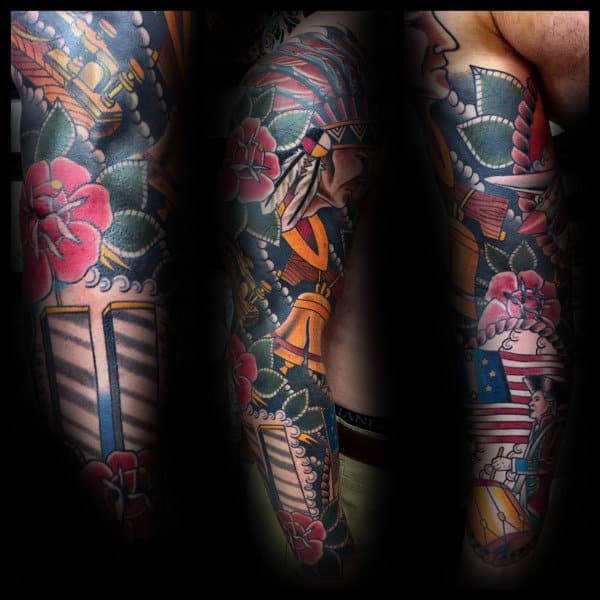 Memorial Guys Traditional Sleeve Tattoo Ideas