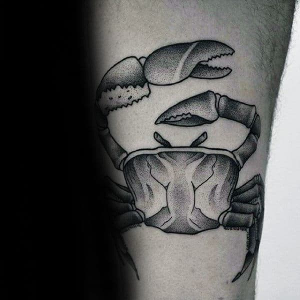 Mens Arm Dotwork Black And Grey Shaded Crab Tattoo Designs