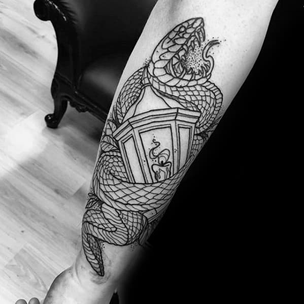 Mens Black Ink Outline Traditional Lantern Snake Tattoo On Outer Forearm