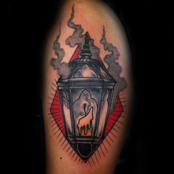 Mens Candle Inside Smoking Lantern Arm Traditional Tattoo