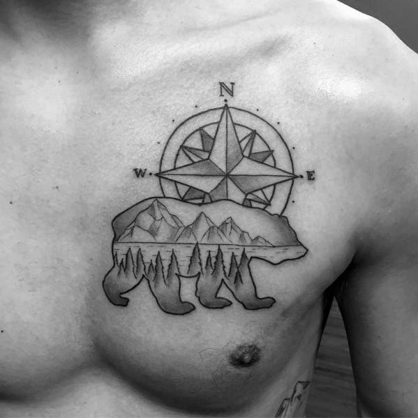 Mens Cool Simple Bear And Compass Tattoos On Chest