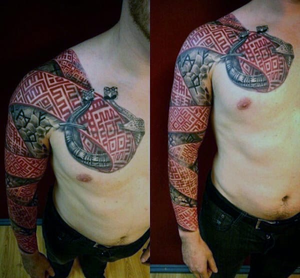 Татуировки с Рунами (подборка фото) - Страница 5 Mens-full-sleeve-red-ink-pattern-rune-tattoo-designs