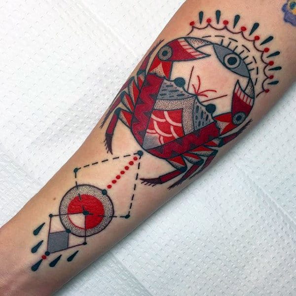 Mens Geometrical Red Crab Inner Forearm Tattoo Designs