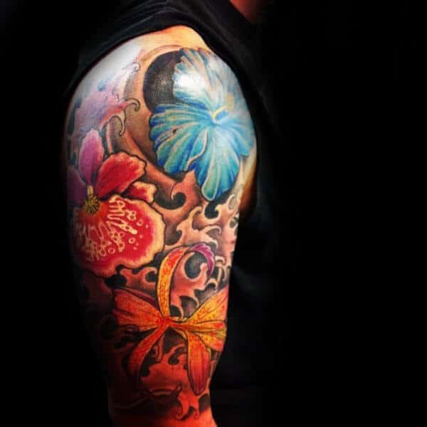 Mens Half Sleeve Colorful Hibiscus Tattoos