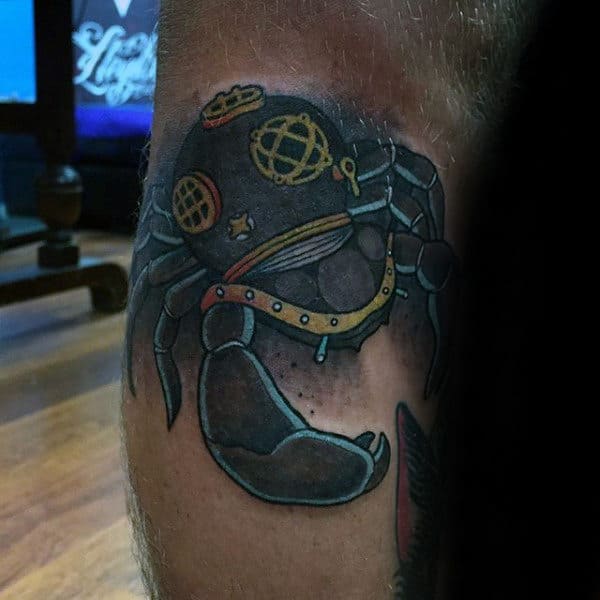 Mens Leg Tattoo Of Crab With Diving Helmet