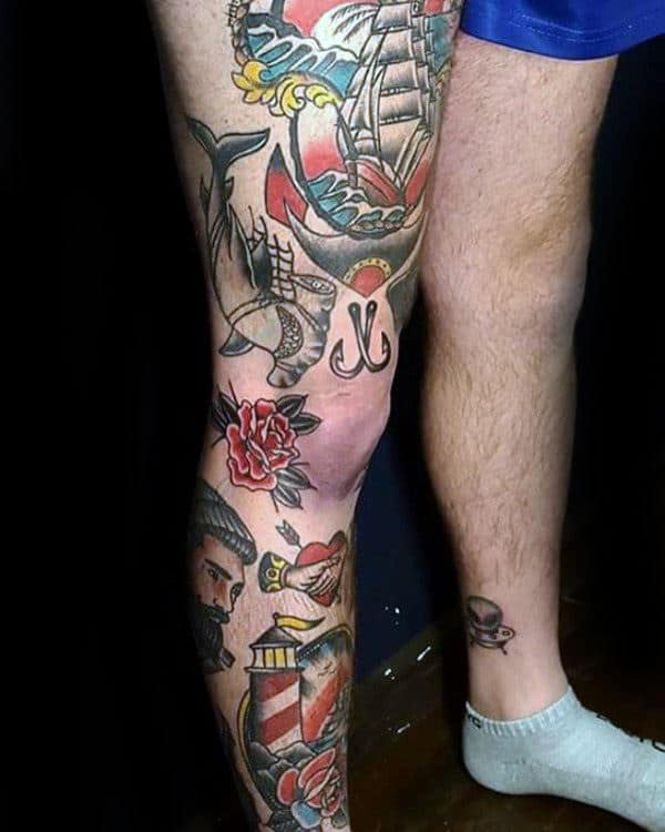 Mens Leg Traditional Sleeve Tattoo Ideas With Nautical Theme Design