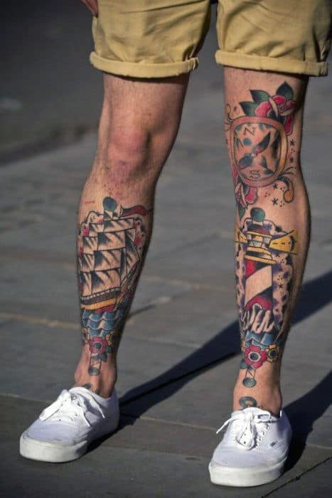 50 Traditional Leg Tattoos For Men - Old School Design Ideas