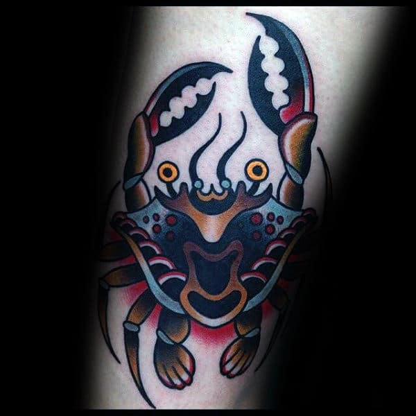 Mens Old School Colorful Crab Tattoo Design On Forearm