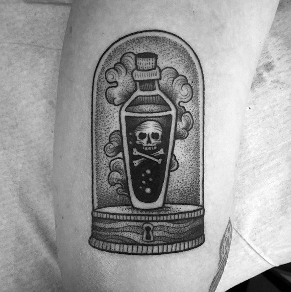Mens Poison Bottle Dotwork Arm Tattoo Design Ideas