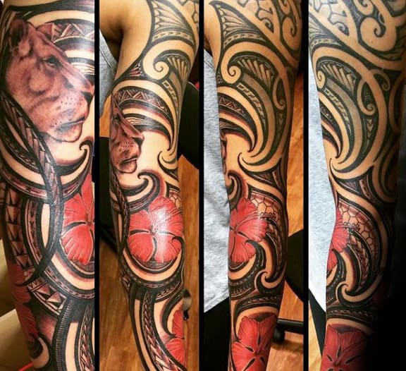 Mens Polynesian Tribal Hibiscus Flower Sleeve Tattoo