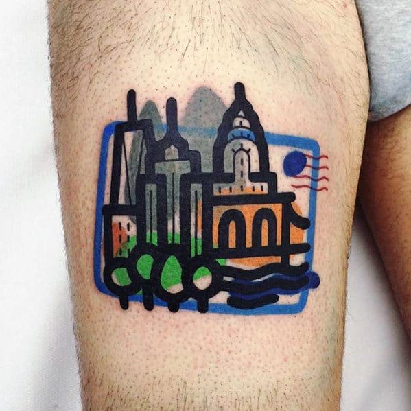 Mens Postage Stamp City Skyline Small Colorful Thigh Tattoo