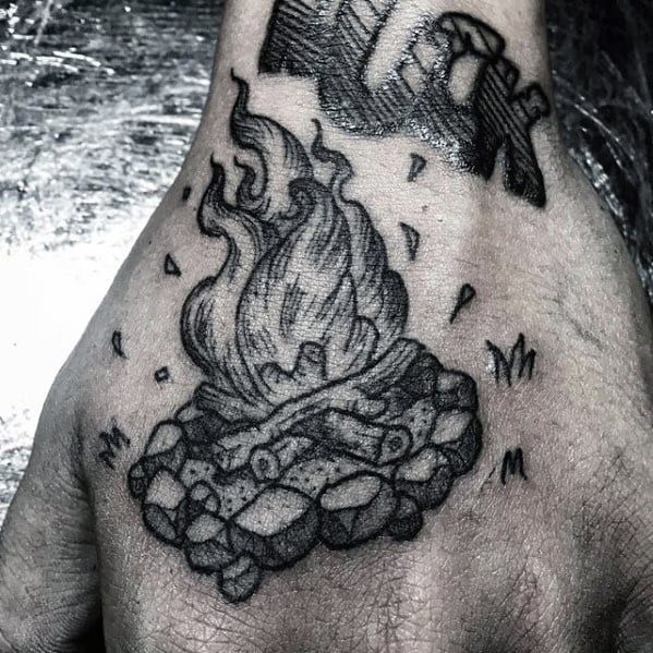 Mens Small Detailed Campfire Hand Tattoo