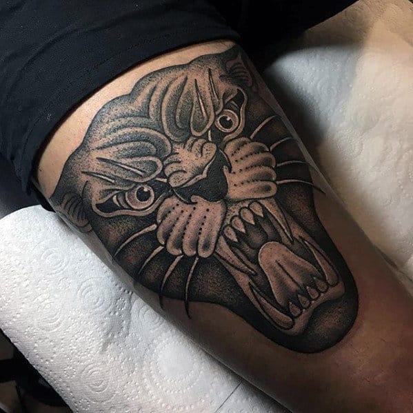 Mens Thigh Traditional Panther Shaded Tattoos