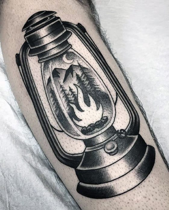 Mens Traditional Camping Lantern Nature Arm Tattoo