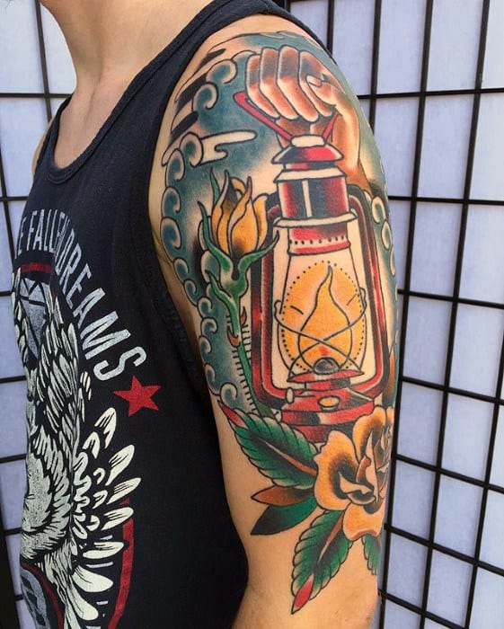 Mens Traditional Lantern Half Sleeve Tattoos
