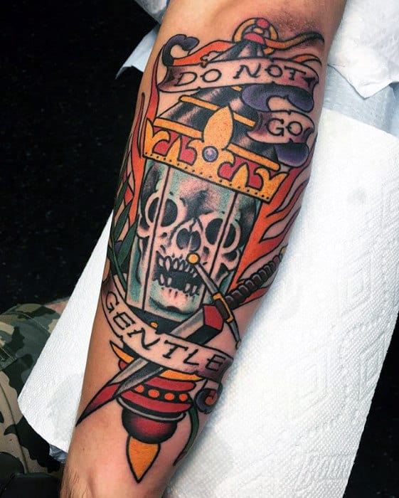 Mens Traditional Lantern Skull Outer Forearm Tattoo