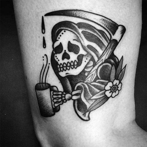 Mens Traditional Old School Arm Tattoo With Grim Reaper Coffee Design