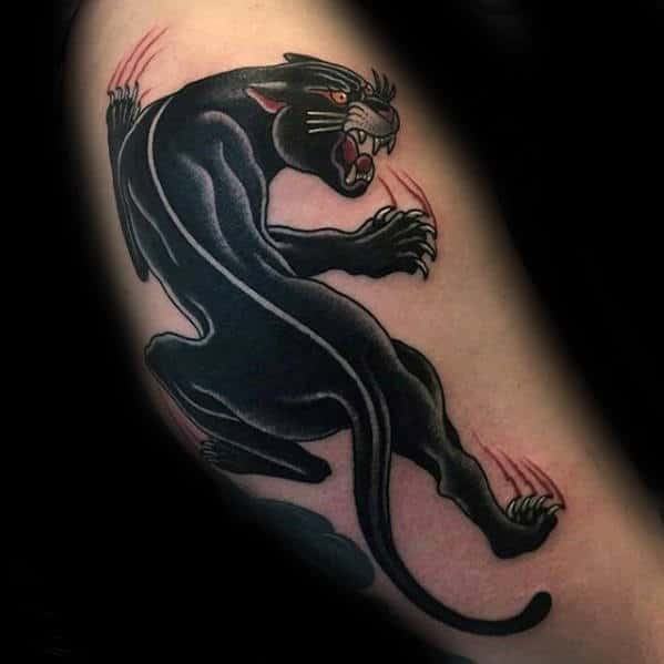 Mens Traditional Panther Climbing On Arm Tattoo