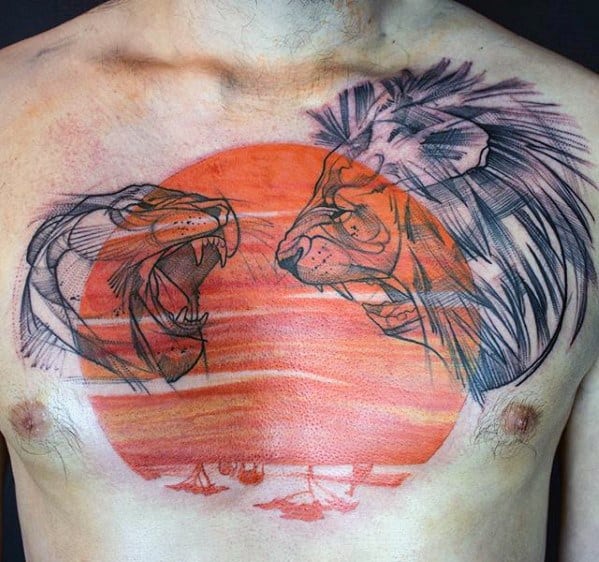 Mens Unique Chest Orange Sun With Lions Tattoo