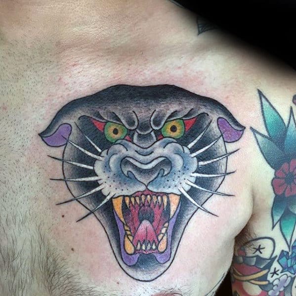 Mens Upper Chest Traditional Panther Tattoo Ideas