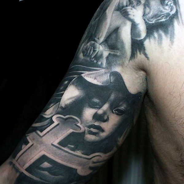 Mother Mary With Cross Guys Unique Arm 3d Tattoo