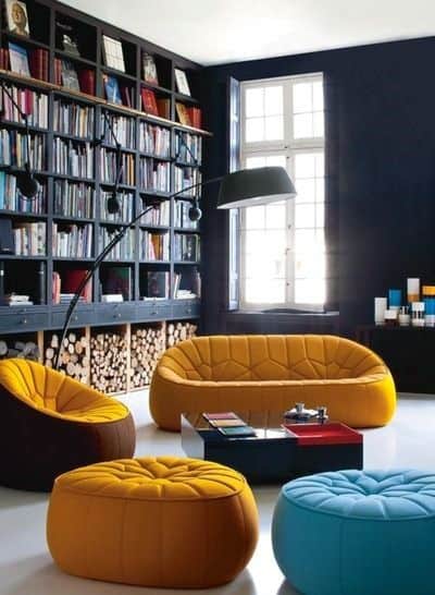 Navy Blue Floor To Ceiling Bookshelves Ideas With Firewood