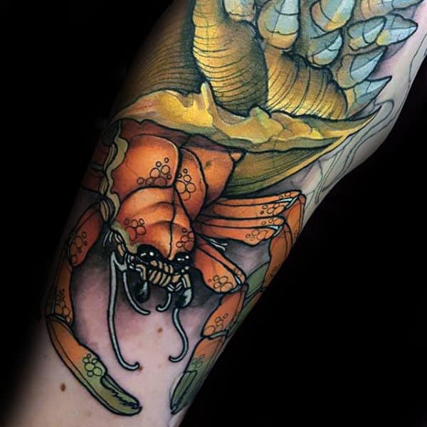 Neo Traditional Male Orange Crab With Shell Tattoo On Arm