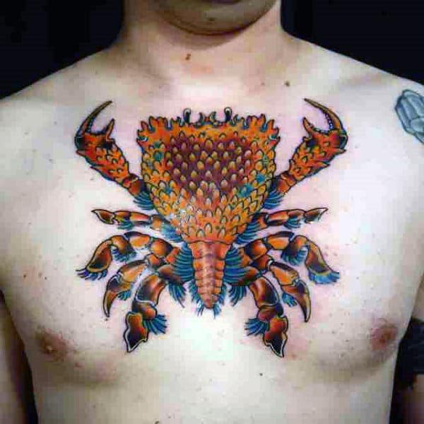 Orange And Blue Male Crab Tattoo Design On Upper Chest Of Body