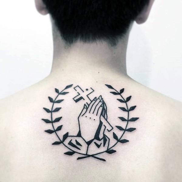 Praying Hands With Cross Mens Simple Upper Back Tattoo Ideas