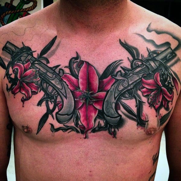 80 Pistol Tattoos For Men - Manly Sidearm Designs Gun Tattoos On Chest.